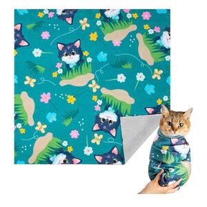 Pet Grooming Swaddle Blanket for Cats - Teal Cat Pattern XL